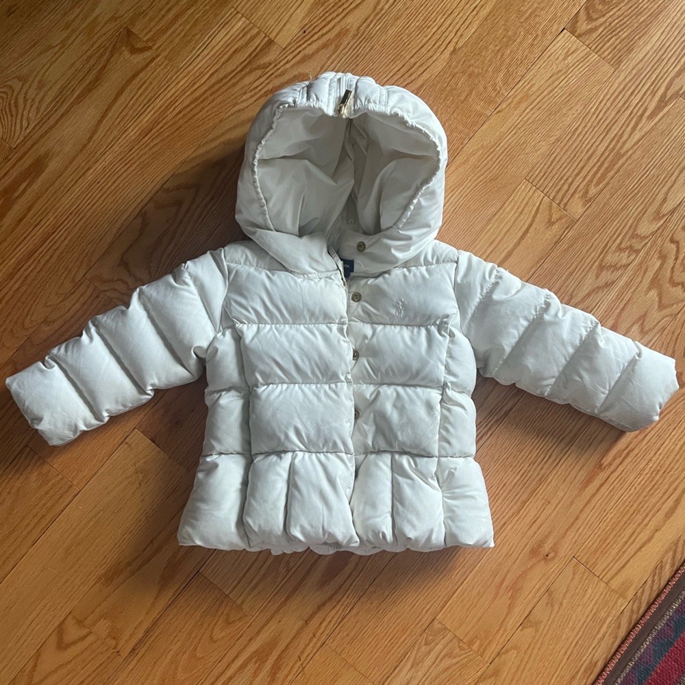 Ralph Lauren Kids White Down Quilted Hooded Coat with Gold Hardware